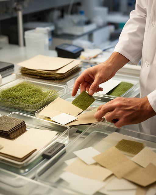 Serena Iovanna reviewing sustainable fibre notes beside laboratory trays and paper test sheets