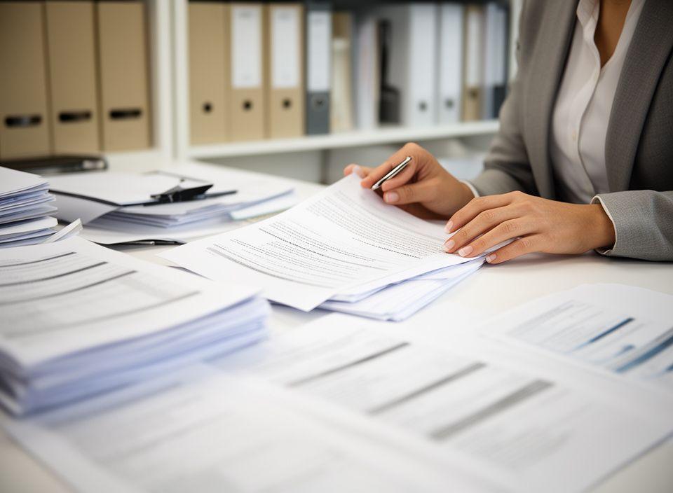 Mitarbeiterin prüft Datenschutzunterlagen in einem hellen Büro mit Papiermustern und ordentlichen Archivboxen