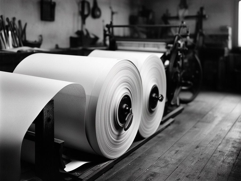 Historic black and white archive image of early paper reels stacked beside a modest workshop floor