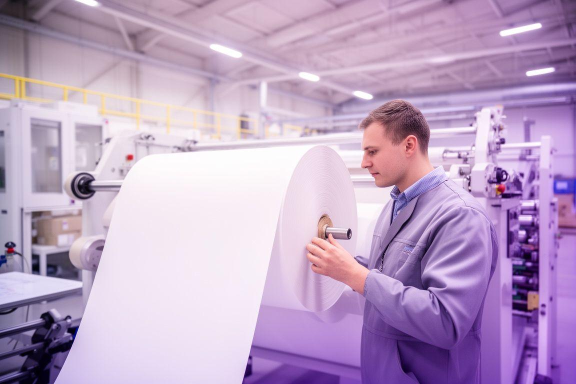 Betriebsleiterin begutachtet eine hochwertige Papierrolle in einer hellen Produktionshalle mit präziser Maschinenanlage