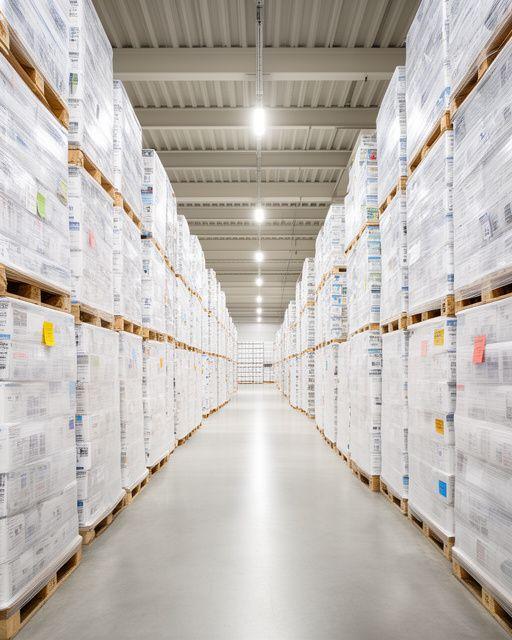 Warehouse corridor with neatly labelled paper packaging pallets and quality control tags