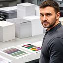 Druckerei-Fachfrau neben sortierten Papiermustern und Farbproofs auf einem Arbeitstisch