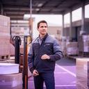 Logistikleiter an einem Umschlagplatz mit Papierverpackungen und Paletten im Hintergrund