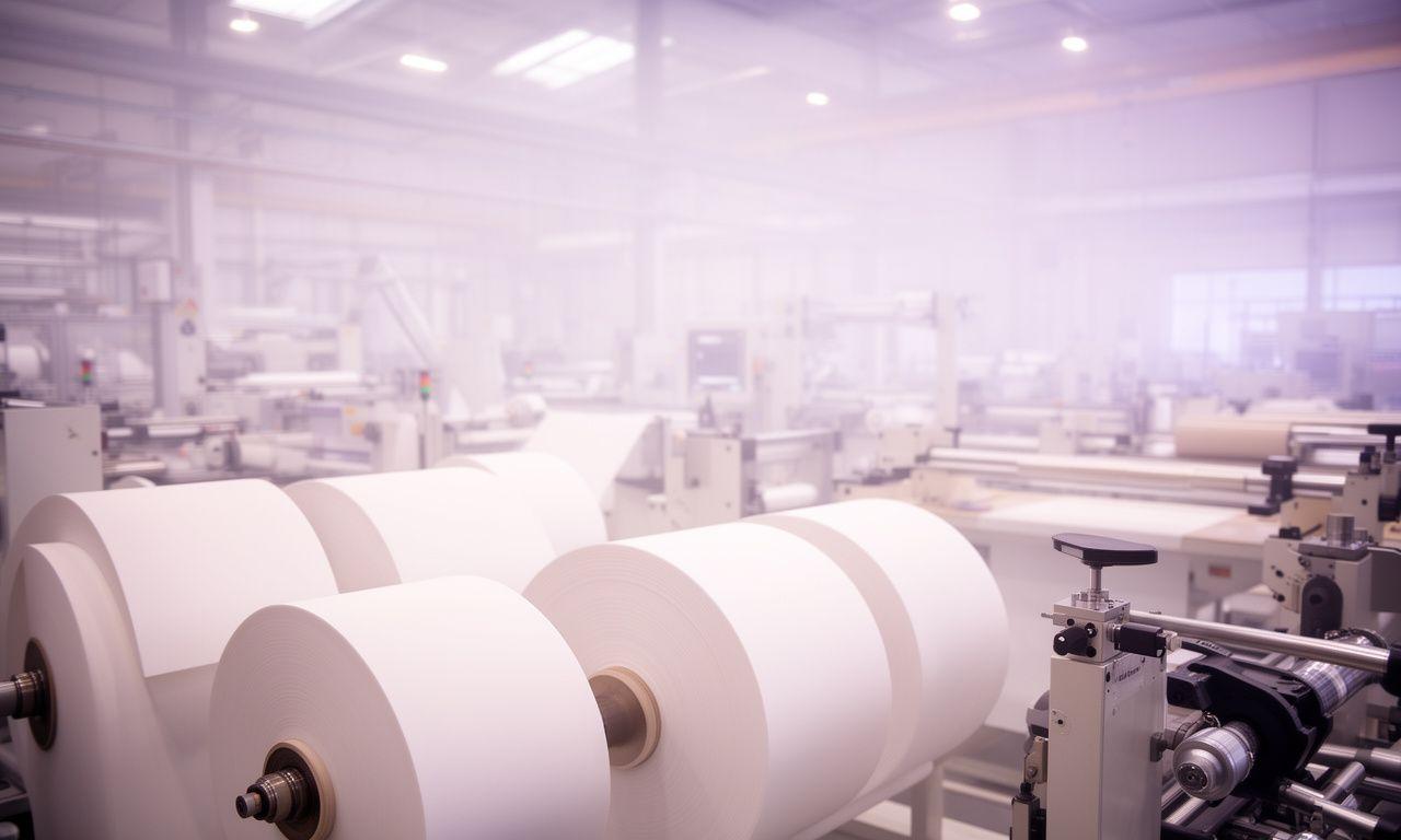 Papierrollen und Präzisionsanlagen in einer hellen Produktionshalle mit kontrollierter Qualitätsprüfung