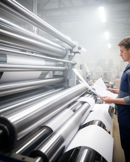 Modern production line with bright stainless steel rollers and a supervisor reviewing paper samples