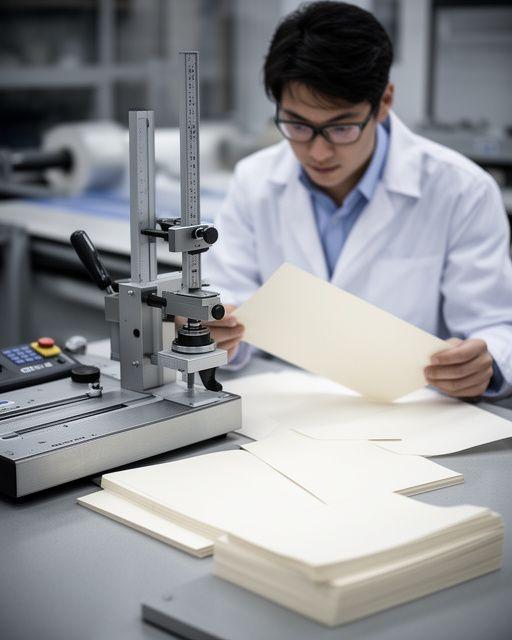 Cenk Mladjenovic in a quality control area checking paper thickness with measurement tools