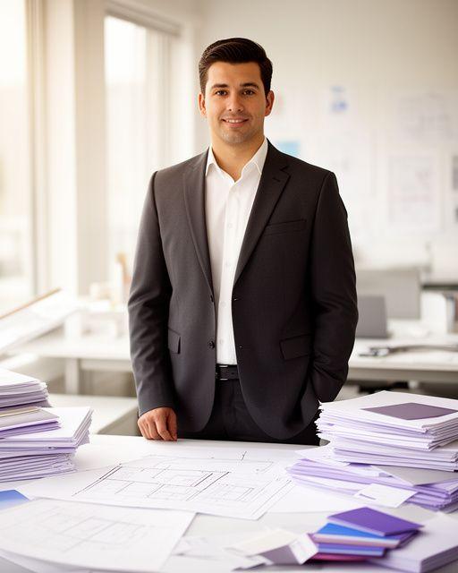 Gailan Isenschmid standing in a bright product development office with paper samples and technical drawings